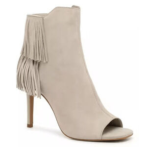 Vince Camuto Booties Size 5 Tan Suede Fringe Stiletto Heels Peep Toe‎